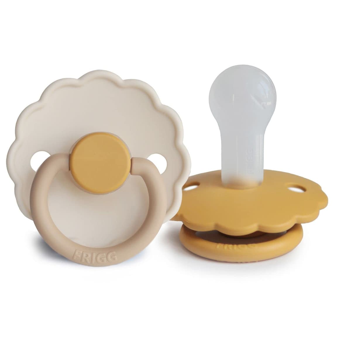 FRIGG Daisy Chupete 2-Pack | Chupete de silicona | Sin BPA | Fabricado en Dinamarca | Tetina simétrica tipo cereza | (Chamomile/Honey gold, Talla 2 (6-18 Meses))