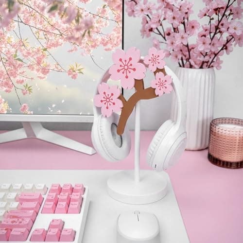 Yookeer Pink Cherry Headphone Stand Cute Headphone Stand Decorative Sakura Wood Desk Decor for Gamer Room Office Desk Gaming Gifts for Girlfriend Office Worker — view 3