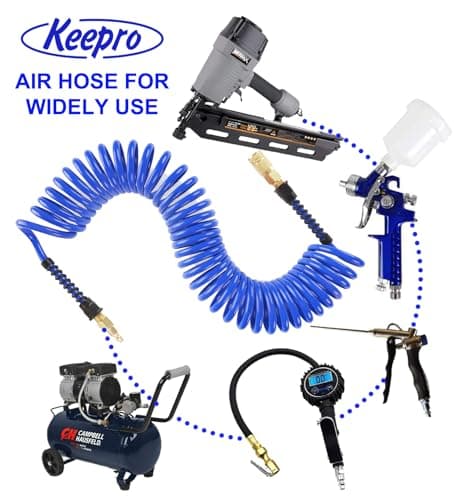 Keepro Polyurethane Recoil Air Hose, 1/4 Inch ID By 25 Feet Long Air Compressor Hose with Repairable Solid Brass 1/4" Industrial Quick Coupler and Plug, 145 PSI Maximum Pressure, Blue — view 5