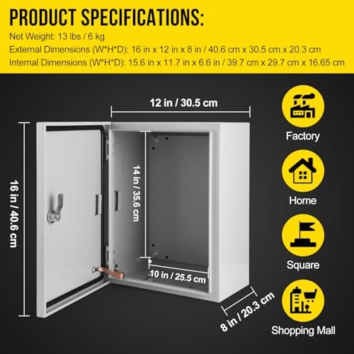 Complete Outdoor Electrical Enclosure Kit – 16x12x8 Inch IP66 Weatherproof Steel Box with Hinged Lockable Door & Pre-Drilled Mounting Plate for Residential & Commercial Circuit Protection