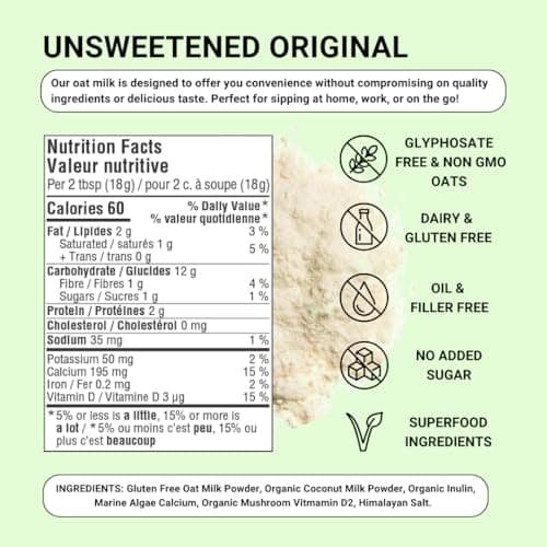 Magic Oats Oat Milk Powder | Vegan | Gluten Free | No Added Sugar, Nuts or Lactose | Non-Dairy Creamer | Made in Canada | Unsweetened Original Flavour | 2-Pack (126g x 2)