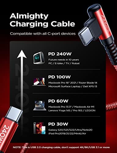 AINOPE 240W High Speed USB C Cable [10ft] USBC to USBC Cable, Right Angle C to C Cable Fast Charging Compatible with iPhone 16 Charger Cord, iPad Pro,MacBook Air 2024 M4,Samsung Galaxy S24, Red — view 3