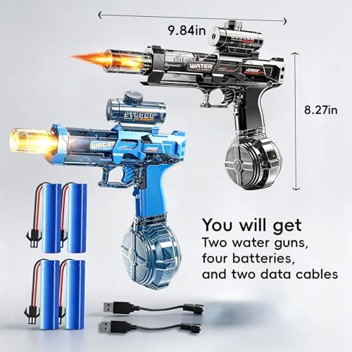 2PCS Electric Water Guns for Adults & Kids, Automatic Squirt Pistols (Black + Blue) with LED Light & Sound, Rechargeable, Long Range – Summer Outdoor Pool Beach Party Toys, 4 Batteries & 2 Cables