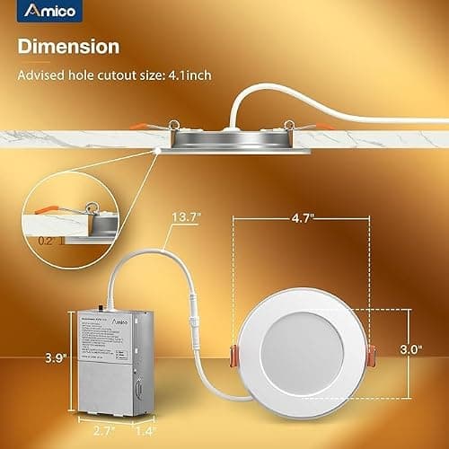 Amico 2 Pack 4 Inch 5CCT LED Recessed Ceiling Light with Night Light, 2700K/3000K/3500K/4000K/5000K Selectable Ultra-Thin Lighting, 10W=90W, 700LM, Dimmable Canless Wafer Downlight - ETL&FCC — view 3