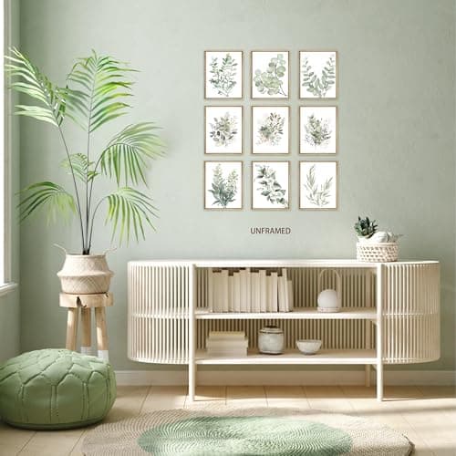 Sage Green Wall Art Set 9, Modern Watercolor Botanical Poster Prints, Unframed Eucalyptus Leaf and Minimalist Floral Picture Wall Decor for Bedroom, Bathroom and Office, 8x10 inch — view 5