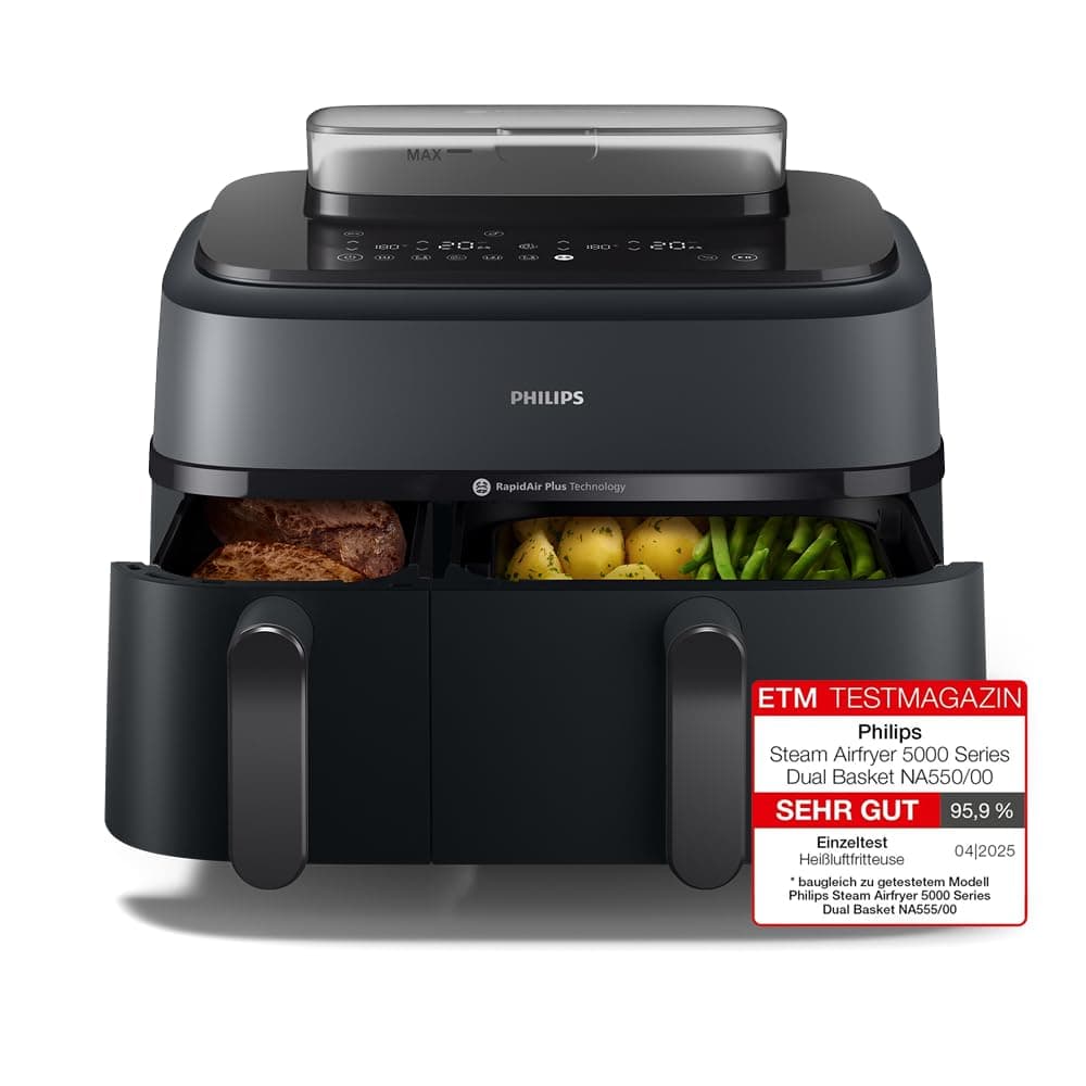 Philips Steam Airfryer Dual Basket 5000 Series, Hot Air Fryer & Steamer in One Device, 9L 2 Baskets, RapidAir Plus Technology, 19 Cooking Functions, 90% Less Fat, Steam Cleaning (NA550/00)