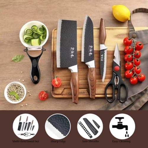 5 PCS kitchen Chef Knife Set, include 7 inch cleaver, 7 inch Santoku, 4.5 inch utility knife, Kitchen Scissors and Peeler — view 2