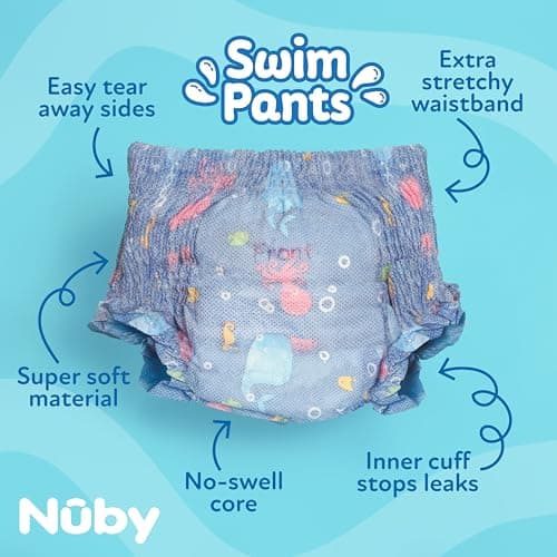 Nuby Swim Pants for Toddlers - 5 Pack - Toddler Swim Diapers with Stretchy Waistline, Tear-Away Sides, Water-Resistant Outer Layer & Leak-Preventing Cuffs - Size Medium (20-31 lbs)