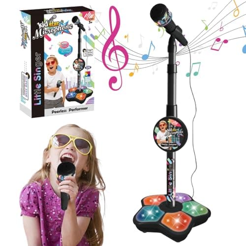Kids Microphone with Stand, Adjustable Kids Microphone with Lights, Detachable Standing Kid Karaoke Machine for Ages 3+ Children