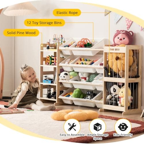 Large Kids Toy Storage Organizer - Toy Organizers and Storage with Stuffed Animal Storage, Solid Wood Toy Storage Shelf with 12 Plastic Bins, 4-Tier Bookshelf for Kids Room, Playroom, Bedroom, 59 inch — view 4