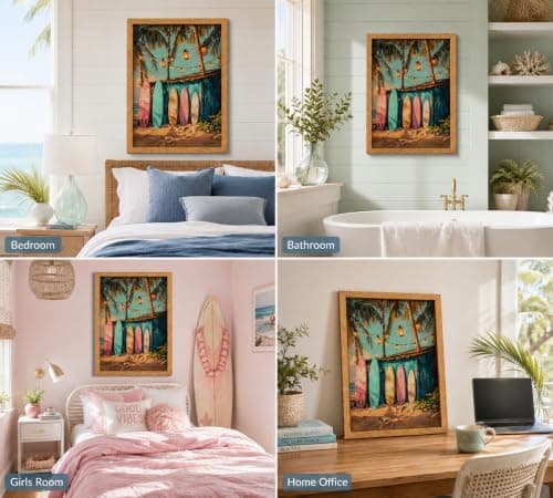 Framed Vintage Surfboard Canvas Wall Art,Coastal Painting Picture Wall Decor,Tropical Palm Tree Lantern Summer Poster Print Artwork,for Living Room Bedroom Bathroom Girls Room Home Decoration 8x10in — view 5