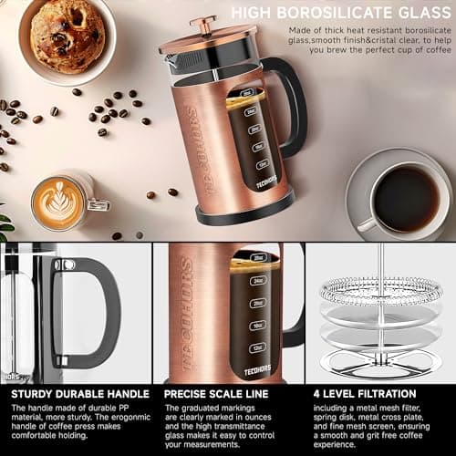 TECOHORS French Press Coffee Maker 34oz / 1 Quart 304 Stainless Steel Coffee Press,with 4 Filters System, Heat Resistant Thickness Borosilicate Glass, Brewed Coffee Pot (Copper) — view 4