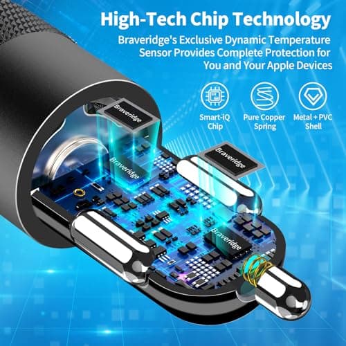 [Apple MFi Certified] iPhone Fast Car Charger, Braveridge 2Pack 4.8A Dual USB Car Power Cigarette Lighter USB Car Carplay Charger with Lightning Braided Cable for iPhone 14 13 12 11 Pro XS XR X 8 iPad — view 3