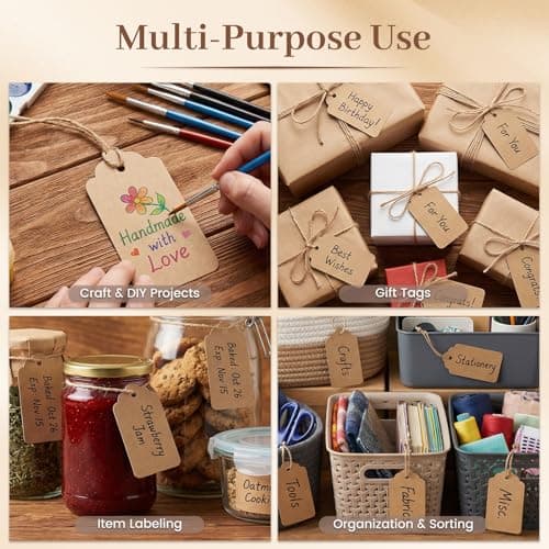 SallyFashion 100pcs Gift Tags with String Attached, 1.7 x 2.8 inch Kraft Paper Hang Tags for Clothes DIY Crafts Wedding Holiday (Brown) — view 2