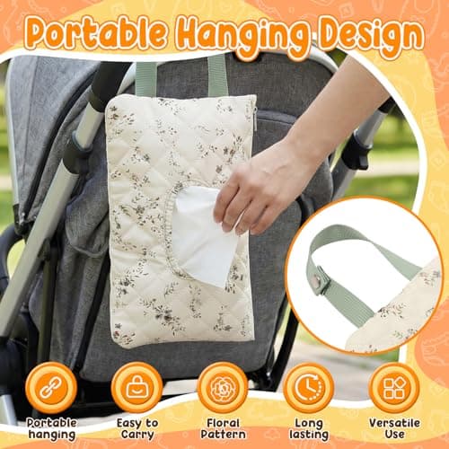 Quilted Baby Wipe Pouch, Hanging Portable Floral Diaper and Wipes Bag with Snap Handle, Machine Washable Refillable Wet Wipe Holder or Stroller, Car Seat & Travel Organizer — view 2