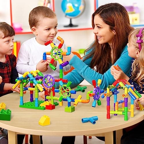 burgkidz STEM Learning Pipe Tube Toy, Sensory Toys, Tube Locks Construction Building Blocks, Educational STEM Building Learning Toys with Wheels Baseplate for All Ages Kids Boys Girls, 188 Pcs