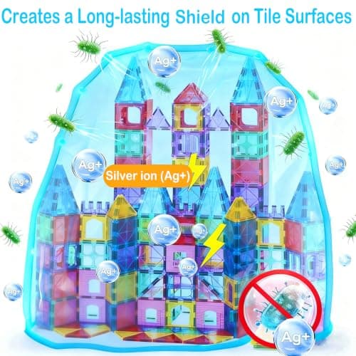HAPPYMATY Next-Gen Antibacterial Magnetic Tiles 142PCS with 2 Cars, Built-in Antibacterial Protection, Inhibits Bacterial Growth for Healthier Play, STEM Educational Building Blocks for Kids Aged 3+ — view 3