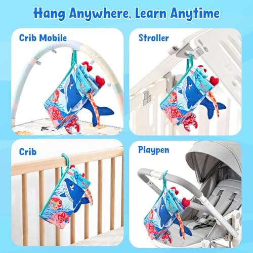 JoyCat Baby Books 0-6-12 Months - Ocean Tummy Time Toys Mirror - Montessori Sensory Activity Cloth Book with 3D Crab & Fish - Newborn Easter Basket Stuffers