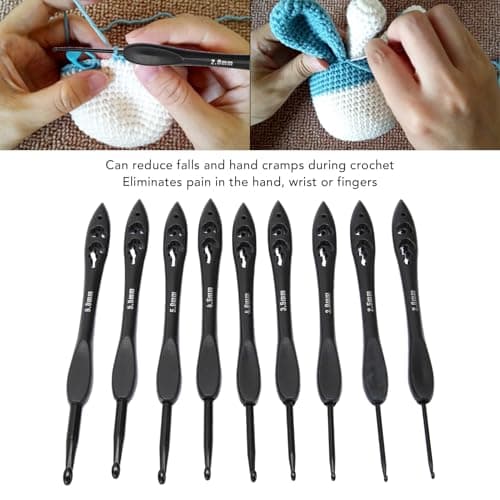WQAPVHBG 9Pcs Crochet Hooks Set, 2.0-6.0mm Ergonomic Crochet Hook Set, Multipurpose Crochet Knitting Hooks with Hollow Design for Making Blankets, Hats, Scarves, 6.3in, Black — view 3