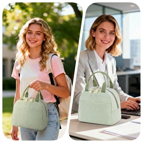 Bluboon Lunch Box for Women Cute Lunch Bag Reusable Insulated Lunch Bags Large Capacity Lunchbox Cooler for Work Picnic or Travel Gifts (A Sage Green White Stripes, 10 x 7.5 x 8 inches)
