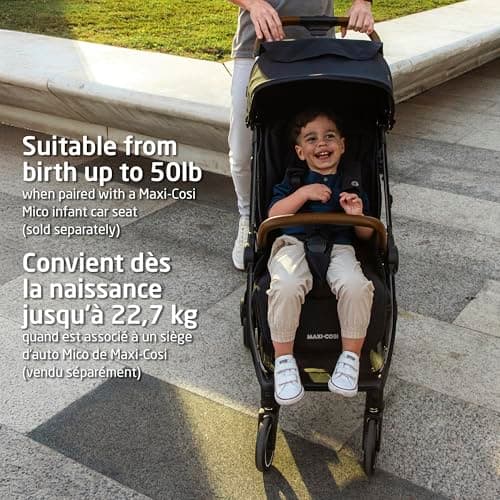 Maxi-Cosi Eva Lightweight Compact Travel Stroller, Infant to Toddler (Up to 48 lb), One-Hand Auto Fold, Full Recline Seat, Puncture-Proof Wheels, Extendable FPS Canopy, Includes Car Seat Adapters, Travel System Compatible
