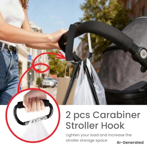 Stroller Hooks for Hanging Diaper Bags - Mommy Stroller Clip and Stroller Accessories Organizer Hook - 2 Pcs Large Carabiner Clips for Mom Purse Shopping Grocery Bag and Accessory — view 5