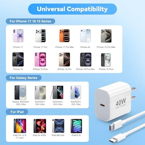 USB C Fast Charger for iPhone 17 16 15 Pro Max Charger Fast Charging,2Pack 40W USB C Wall Charger Block with 4FT + 6FT Type C Cable Cord for iPhone 17/17 Pro/17 Pro Max/Air/16/16 Pro Max/15/15 Plus — view 5