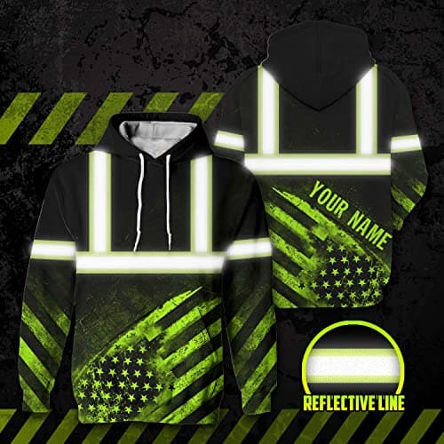 HiVis Custom Safety Hoodie - Green US Flag Customize Name High Visibility Hoodie for Men - Reflective Workwear for Runners, Walkers, Truckers, Operators, Patriotic — view 5