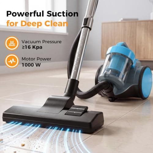NEWBULIG Canister Vacuum Cleaners for Home, Strong Suction Bagless Vacuum Cleaner, 1000W 16Kpa for Hard Floor and Carpet, Retractable Cord,1.8L Large Dust Cup, Blue