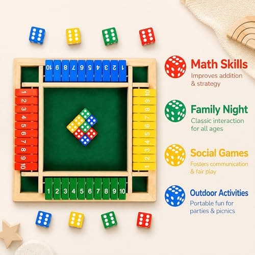Shut The Box Math Board Game Wooden Dice Toy for 1-4 Players Kids Adults