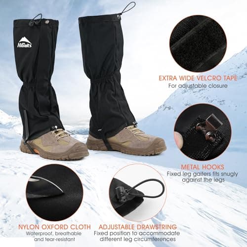 OrrinSports Gators for Hiking Boots for Men and Women Waterproof Adjustable Leg Gaiters in Hunting Sand and Mud Mountain Climbing or Snow (Black L)