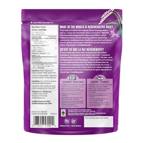 Lundberg Organic White Jasmine Rice - Microwave Ready in 90 Seconds, Regenerative Organic Rice, Gluten Free, Low Sodium, 227g Pouch