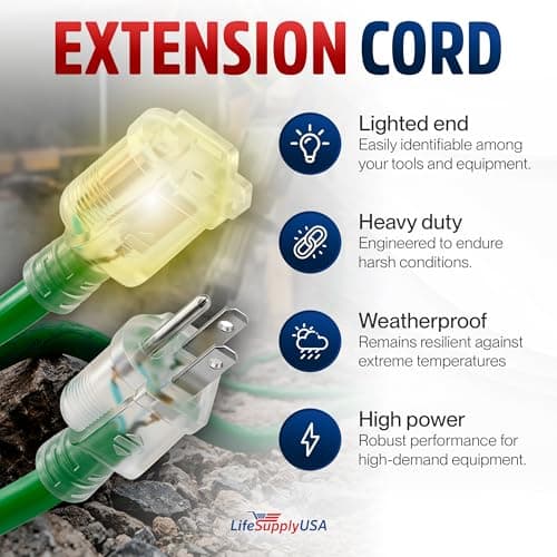100ft Outdoor/Indoor Extension Cord 14/3 Gauge Heavy Duty 3 Prong SJTW, Waterproof, Flexible Cold-Resistant Long Power Cord,13A 125V 1625W, Green by LifeSupplyUSA
