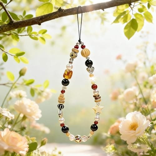2 Pcs Phone Charm Strap Universal Hand Phone Wrist Strap Camera Lanyard Pearl Beaded Cute Chain String Accessories Universal for iPhone 17 16 Pro Max Samsung Women Girls Keychain Brown and White Star — view 4