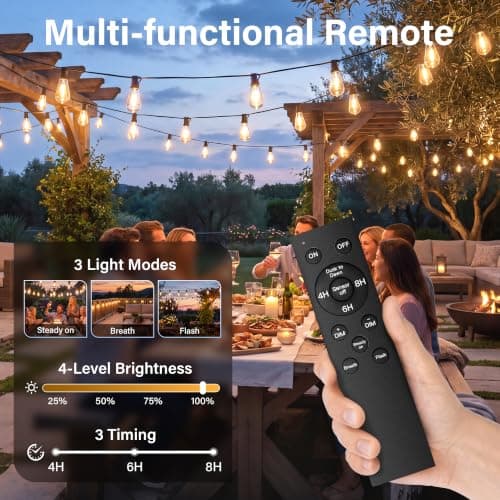 Guhope 54 FT Outdoor String Lights with Remote, Dimmable ST38 Edison LED Patio Lights, 3 Lighting Modes & 3 Timer, IP45 Waterproof String Lights for Outside Backyard Garden Porch Party Decor — view 3
