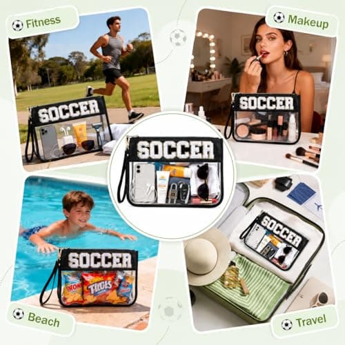 PEVART 2-Piece Soccer Gifts Makeup Snack Bag Chenille Letter Patch | Large Soccer Clear PVC Travel Zipper Pouch Accessories Stuff Waterproof Portable Sport Bag for Boys, Girls — view 5