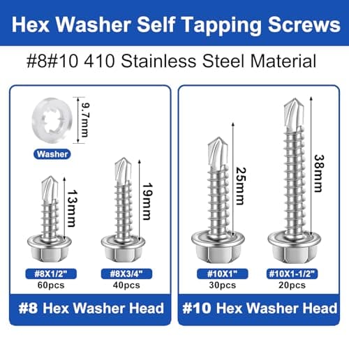 Taiss 300PCS #8#10 Self Tapping Screws for Metal,410 Stainless Steel Hex Washer Head Self Drilling Screws Assortment Kit,Tek Screw with Washer,Metal Sheet Screw for Plastic,Metal,Wood