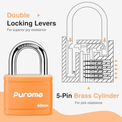 Puroma Keyed Padlock with 2 Keys Alike, 7/8 Inch Locker Lock 40mm Heavy-Duty Locks for School Gym Locker Gate Fence Hasp Cabinet Toolbox (Orange) — view 4