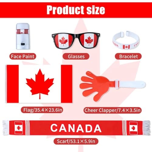Soccer Fan Gear Set - 2026 World Soccer Sport Cup Party Supplies with Canada Flag, Decorative Glasses, Face Paint, Cheer Clapper, CAN Bracelet, and Canada Scarf for World Cup Decorations