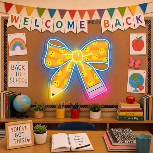Woanger Bow Pencil Neon Sign for Classroom Reading Corner Decor Back to School Reading Nooks Decorations Cute Aesthetic LED Classroom Wall Decor with Smile Face for Library Background — view 2