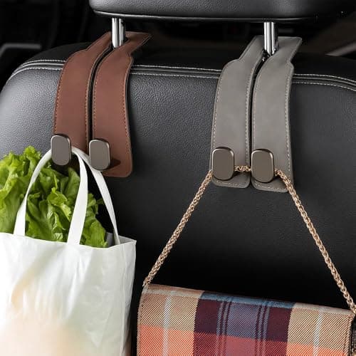 Purse Hook for Car - Universal, Twinhook Leather Car Headrest Hangers, Car Seat Back Storage Hook for Purses, Handbags, Bags, Seat Back Organizers for Travel (Brown-2pcs)