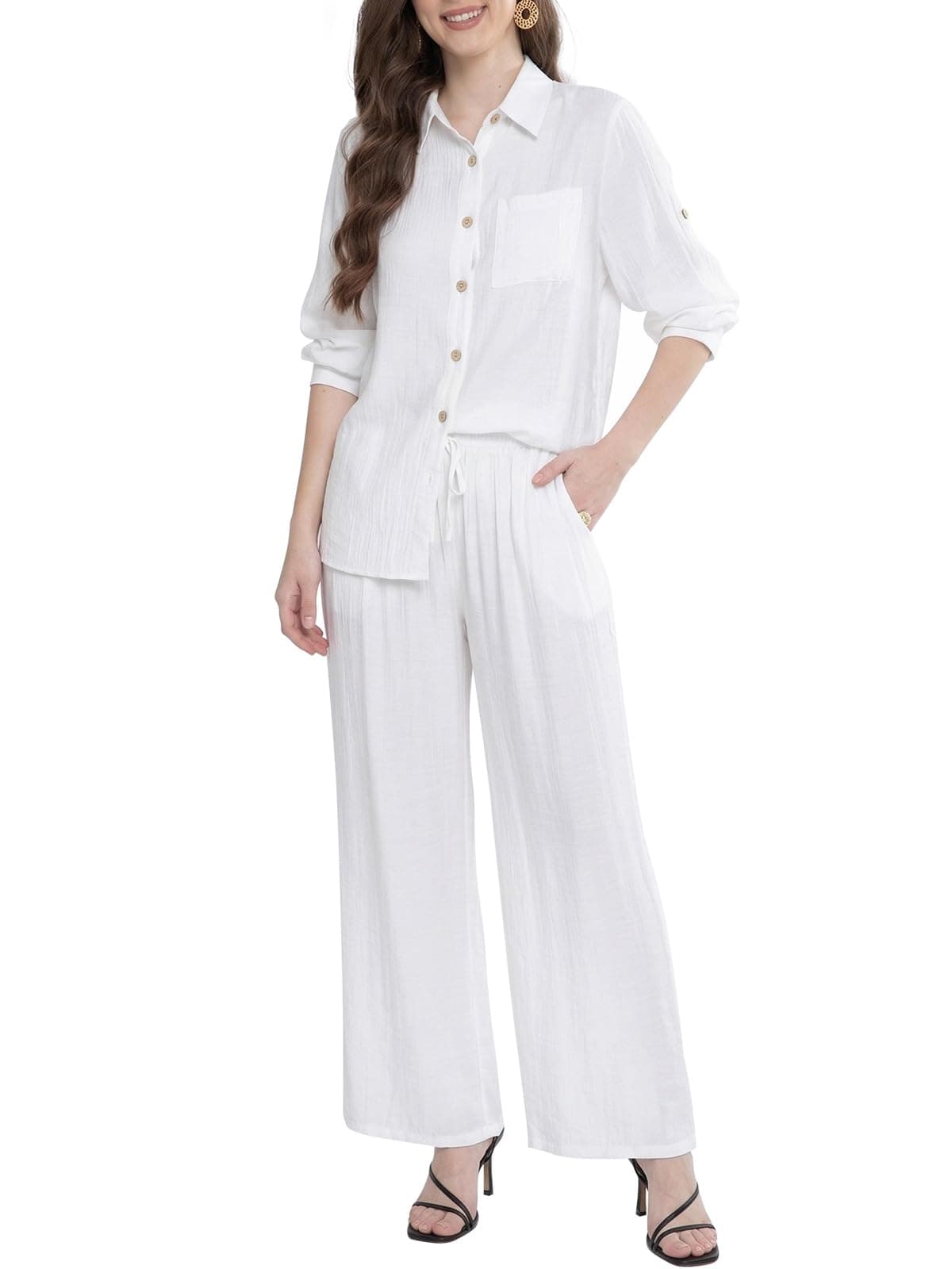 Adigaber Chándal de Manga Larga para Mujer Camisa con Botones y Holgado Cintura Alta Pierna Ancha Cordón Pantalones con Bolsillos