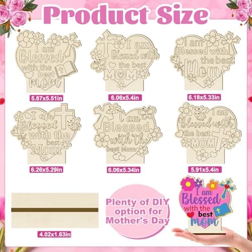 12 Set Religious Wooden Mother's Day Crafts for Kids DIY Color Your Own Mothers Day Cross Table Signs Coloring Christian Blessed Mom Gifts Home Tabletop to Paint Decor Birthday Classroom Activities