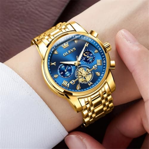 OLEVS Gold Mens Watch Blue Face Classic Luxury Fancy Nice Dress Watch Men Big Dial Date Stainless Steel Water Resistant Quartz Analog Men's Wrist Watches Moon Phase Skeleton Relojes De Hombre — view 4