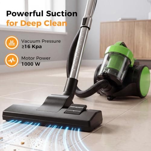 NEWBULIG Canister Vacuum Cleaners for Home, Strong Suction Bagless Vacuum Cleaner, 1000W 16Kpa for Hard Floor and Carpet, Retractable Cord,1.8L Large Dust Cup, Green
