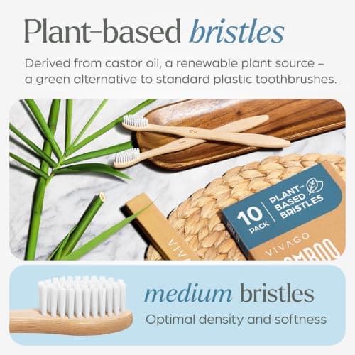 VIVAGO Bamboo Toothbrushes Medium Bristles 10 Pack - Plant-Based Medium Bristles Toothbrushes for Adults - Eco-Friendly, Natural Wooden Toothbrush