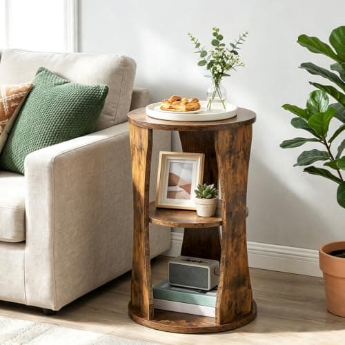 YATINEY Round Side Table, 3-Tier Small End Table with Storage Shelves, Wooden Accent Table for Living Room, Bedroom, Rustic Brown ET15BR — view 3