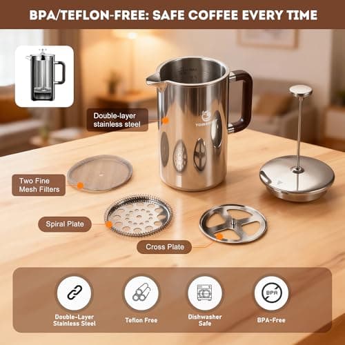 TOMAKEIT 1L/34 Oz French Press Coffee Maker,304 Stainless Steel Coffee Press,Durable & Easy Clean,Leak-Proof Design,Prensa Francesa Para Cafe for Home,Office,Camping (Silver-Upgrade) — view 2