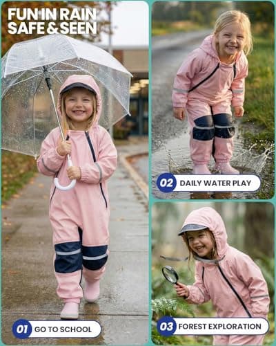 DivingBirds Kids Toddler Rain Suit Waterproof Coverall, Hooded Full-Body Raincoat for Boys & Girls, Puddlesuit with Reflective Strips for Outdoor Play,Muddy Days,Pink,5-6 Years