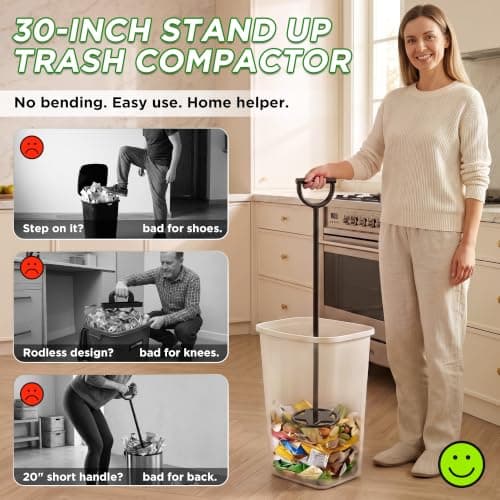Trash Compactor for Kitchen - 30" All-Metal Manual Garbage Compactor, No Electric Tamper Trash Can Compacting Tool for Home & Outdoor Bins, Stand to Easily Compact Trash - No Bend, Squat, or Stomp